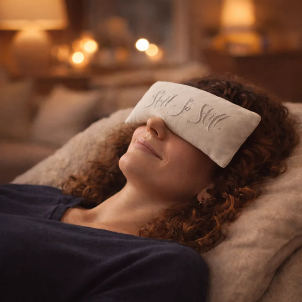 Frau genießt wohltuende Entspannung mit handgefertigten Augenkissen aus dem SignShop Tirol, gefüllt mit duftenden Kräutern – natürliche Augenentspannung, spirituelle Wohlfühlprodukte, liebevolle Handarbeit aus Tirol, Entspannungskissen für Meditation, Yoga und bewusste Auszeiten.