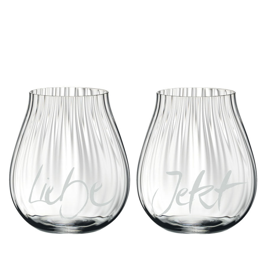 2 Sign-O-Gläser mit Rillen, "Liebe + Jetzt"