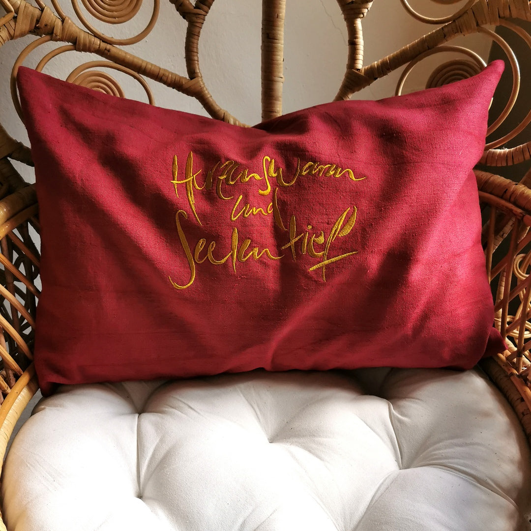 Kissenhülle Bauernleinen "Herzenswarm und Seelentief"