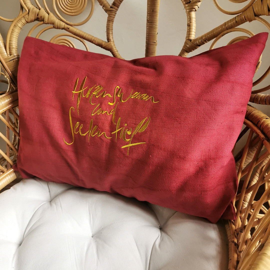Kissenhülle Bauernleinen "Herzenswarm und Seelentief"