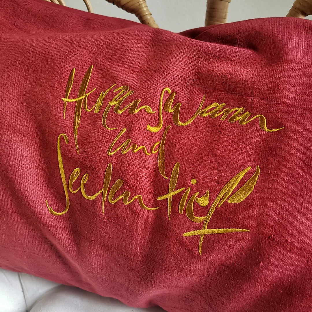 Kissenhülle Bauernleinen "Herzenswarm und Seelentief"