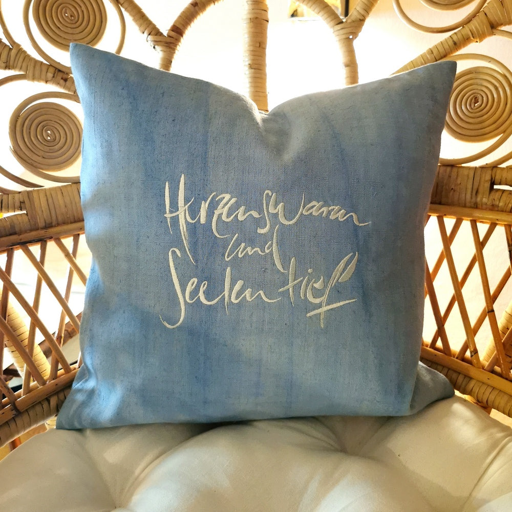 Kissenhülle Bauernleinen "Herzenswarm und Seelentief"