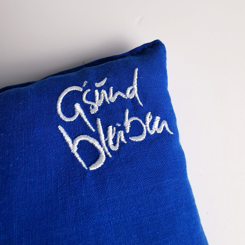 Kleines Zirbenkissen "G'sund bleiben" Blau
