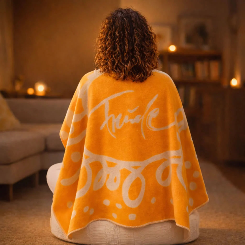 Frau im Wohnzimmer meditiert - Ansicht von hinten mit Poncho-Decke „Freude“: Geborgenheit, Leichtigkeit und positive Energie vereint – mit inspirierendem Sign by Jwala, weicher Flanellqualität und nachhaltiger Handwerkskunst aus Österreich.