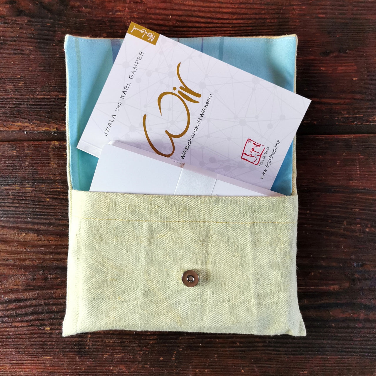 WIR-Karten-Set + WIR-Bauernleinentasche - Hellgelb/Türkis