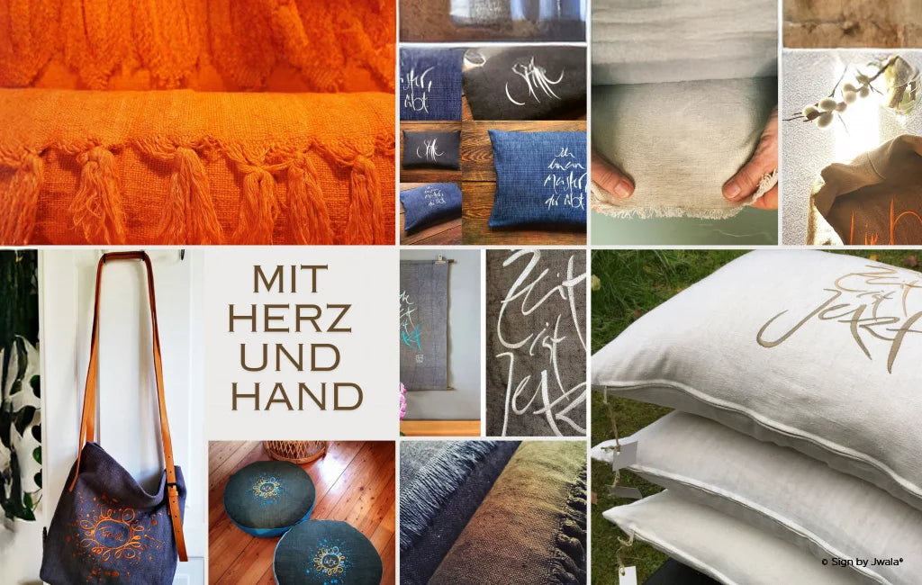 Das Bild zeigt handgemachte Produkte aus altem Bauernleinen wie Medi-Kissen, Polster und Brotkörbchen. Verschiedene Stoffe in natürlichen Farben sind liebevoll verarbeitet und präsentieren die Vielfalt und Einzigartigkeit der handgefertigten Stücke aus dem Sign Shop Tirol.