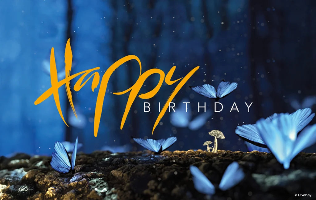 Schmetterlinge und der Schriftzug „Happy Birthday“ im Jwala-Stil aus dem Onlineshop SignShop Tirol