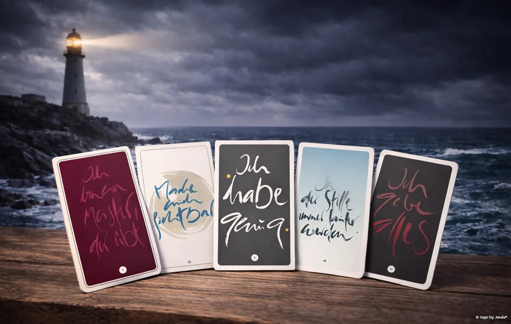 Im Vordergrung sind Inspirationskarte von Signs by Jwala® mit einem liebevoll gestalteten Leuchtturm-Motiv. Der Leuchtturm steht auf einem Felsen, strahlt warmes Licht aus und symbolisiert Klarheit und Lebensfreude.