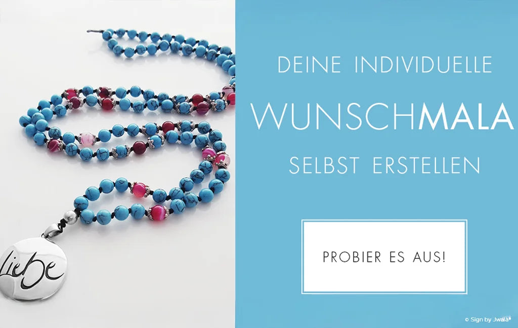 Individuelle Wunschmala aus dem Onlineshop SignShop Tirol – selbst zusammenstellen und direkt gestalten, handgefertigte Mala-Kette, persönliche Edelstein-Auswahl, spiritueller Schmuck, einzigartiges Unikat