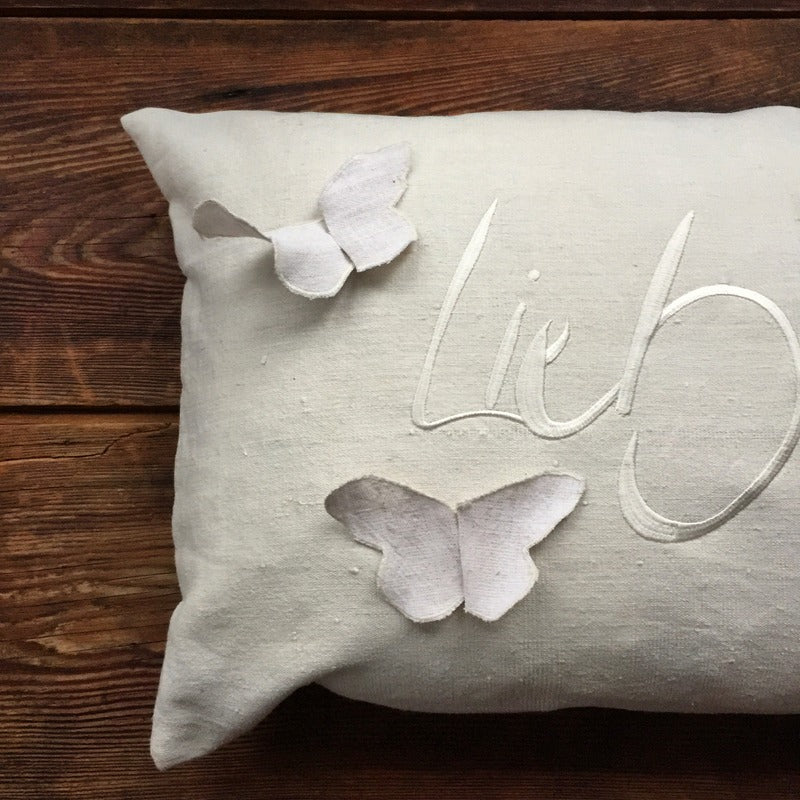 Bauernleinen Zirbenkissen "Liebe" Schmetterling