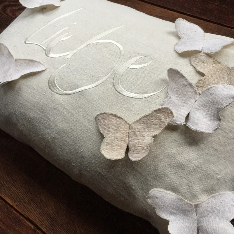 Bauernleinen Zirbenkissen "Liebe" Schmetterling