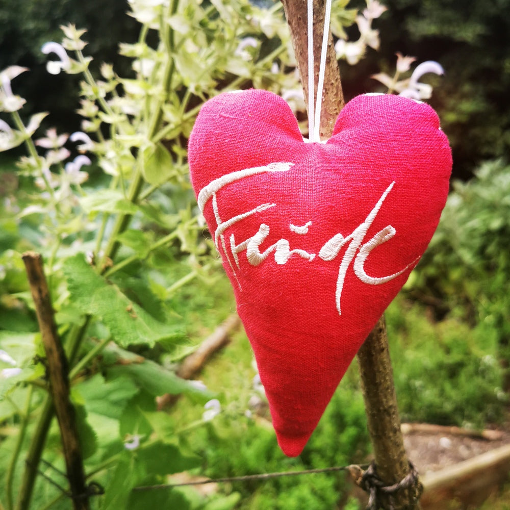 Bauernleinen-Herz "Freude" Rot-Creme