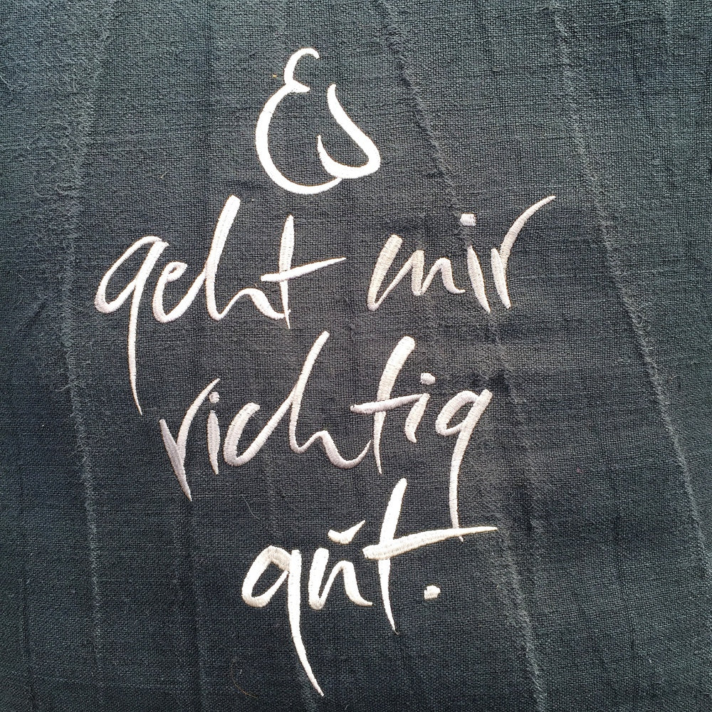 Kissenhülle Bauernleinen "Es geht mir richtig gut" Graublau