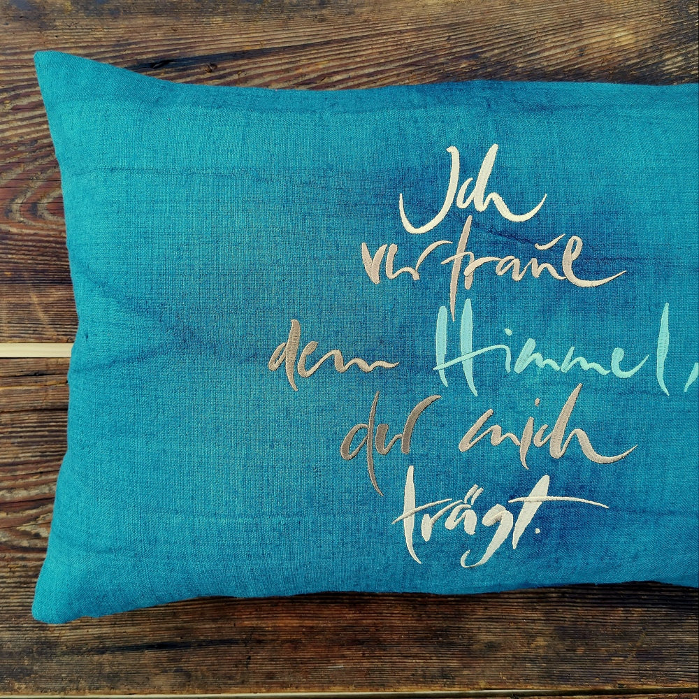 Kissenhülle Bauernleinen "Ich vertraue dem Himmel, der mich trägt" Petrol