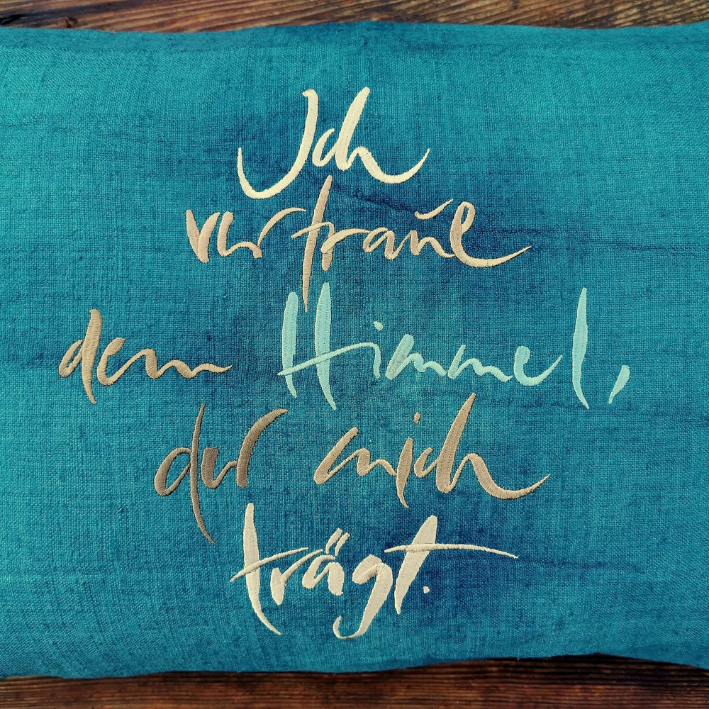 Kissenhülle Bauernleinen "Ich vertraue dem Himmel, der mich trägt" Petrol