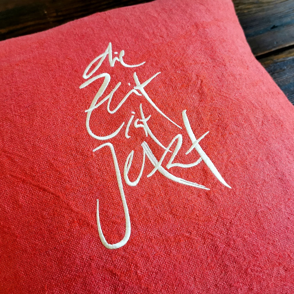 Bauernleinen Zirbenkissen "Die Zeit ist Jetzt"