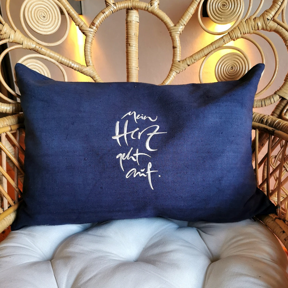 Bauernleinen Zirbenkissen "Mein Herz geht auf"