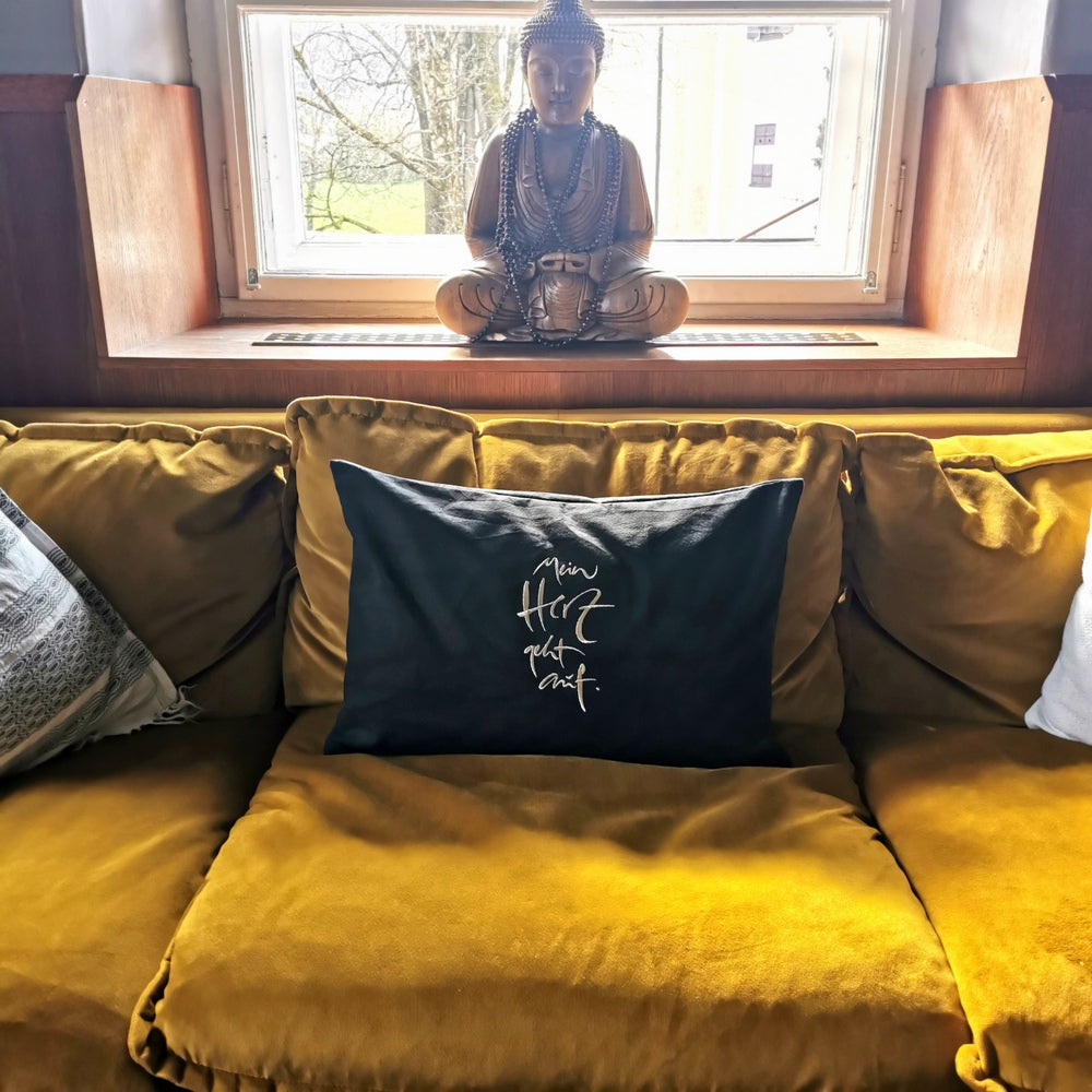 Bauernleinen Zirbenkissen "Mein Herz geht auf" Lurex