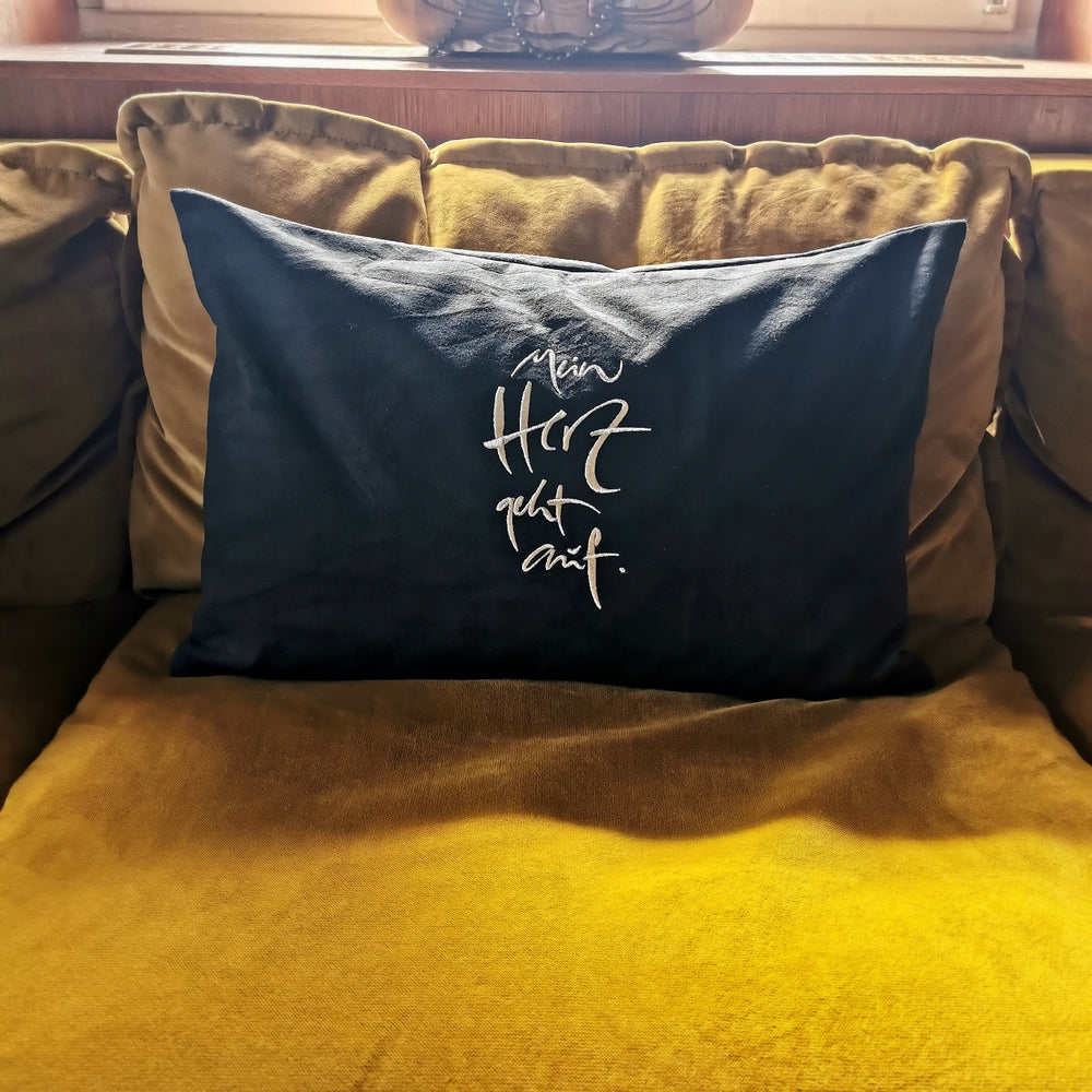 Bauernleinen Zirbenkissen "Mein Herz geht auf" Lurex