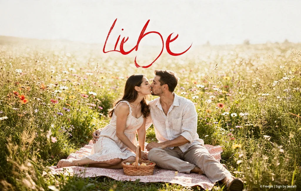 Pärchen auf einer Decke in der Wiese, das sich küsst; oben steht die Jwala-Botschaft „Liebe“ – aus dem Onlineshop SignShop Tirol.