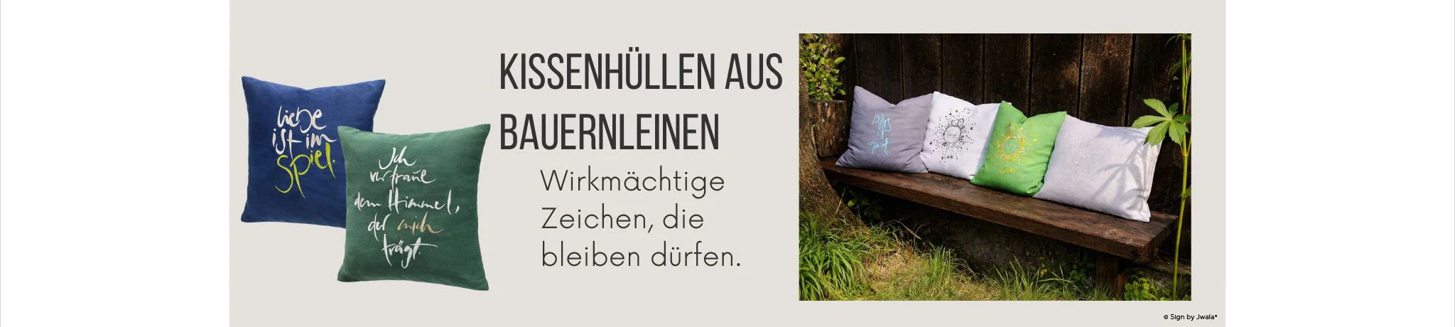 Handgemachte Kissenhüllen aus Bauernleinen mit kraftvollen, wirkmächtigen Zeichen – langlebige, einzigartige Dekokissen aus dem SignShop Tirol, die bleiben dürfen und spirituelle Botschaften ins Zuhause bringen.