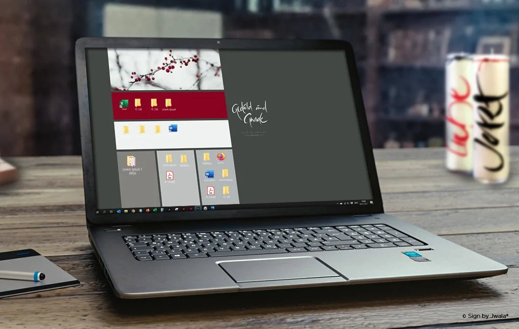 Das Bild zeigt einen Laptop und mehrere Kerzen mit inspirierenden Botschaften – sie stehen gemeinsam auf einem Tisch und vermitteln eine gemütliche, kreative Atmosphäre.