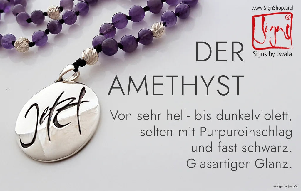 Amethyst: Von sehr hell- bis dunkelviolett, teils mit purpurnen Tönen oder fast schwarz. Der Glanz ist glasartig und lebendig.
