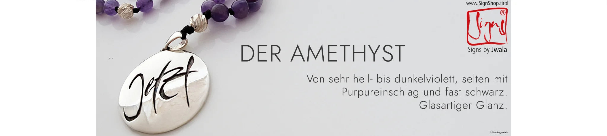 Der Amethyst, der für die handgeknüpften Malas und Halsketten verwendet wird hat die Eigenschaft: Von sehr hell- bis dunkelviolett, teils mit purpurnen Tönen oder fast schwarz. Der Glanz ist glasartig und lebendig.