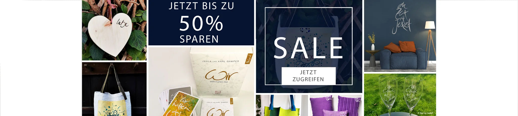 Auf dem Bild sind liebevoll arrangierte, handgemachte Produkte aus dem SignShop zu sehen – darunter Karten, Kerzen und kleine Accessoires, die aktuell im Sale bis zu 50 % reduziert angeboten werden. Die Szene lädt zum Stöbern und Entdecken besonderer Glücks-Seelenstücke ein.