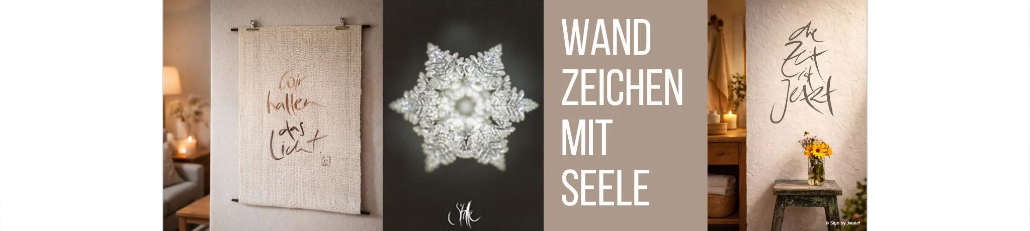 Liebevoll gefertigter Wandteppich aus Bauernleinen, veredelt mit der spirituellen Botschaft „Wir halten das Licht“ – ein einzigartiges SignShop Wohnaccessoire aus Tirol, das deinem Zuhause Licht, Inspiration und Herzenswärme schenkt.