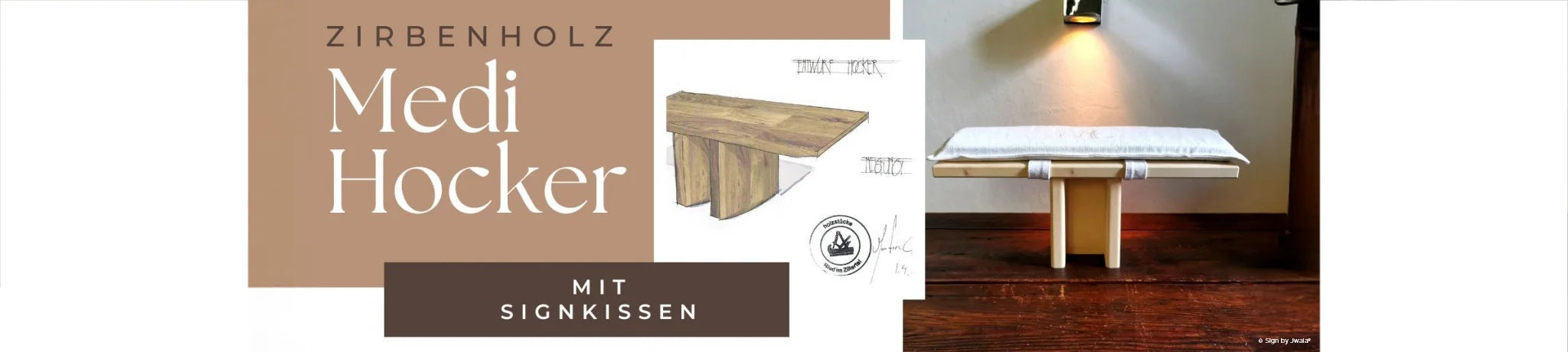 Meditationshocker aus Zirbenholz mit SignKissen und inspirierender Botschaft aus dem Onlineshop SignShop Tirol.