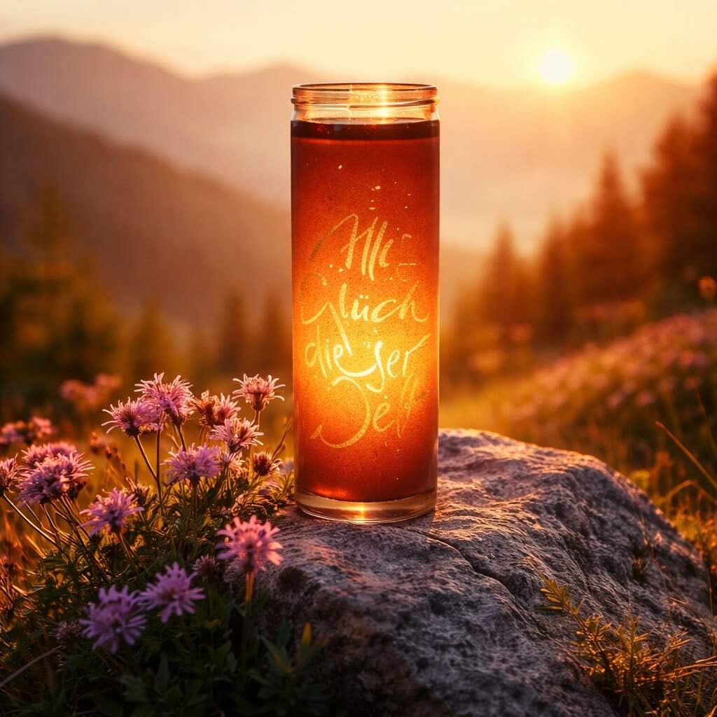 Eine Kerze im Glas steht auf einem Fels. Die Kerze leuchtet rot/orange und sie leuchtet durch die Schrift "Alles Glück dieser Welt". Im Hintergrund geht die Sonne unter über einem weiten Tal