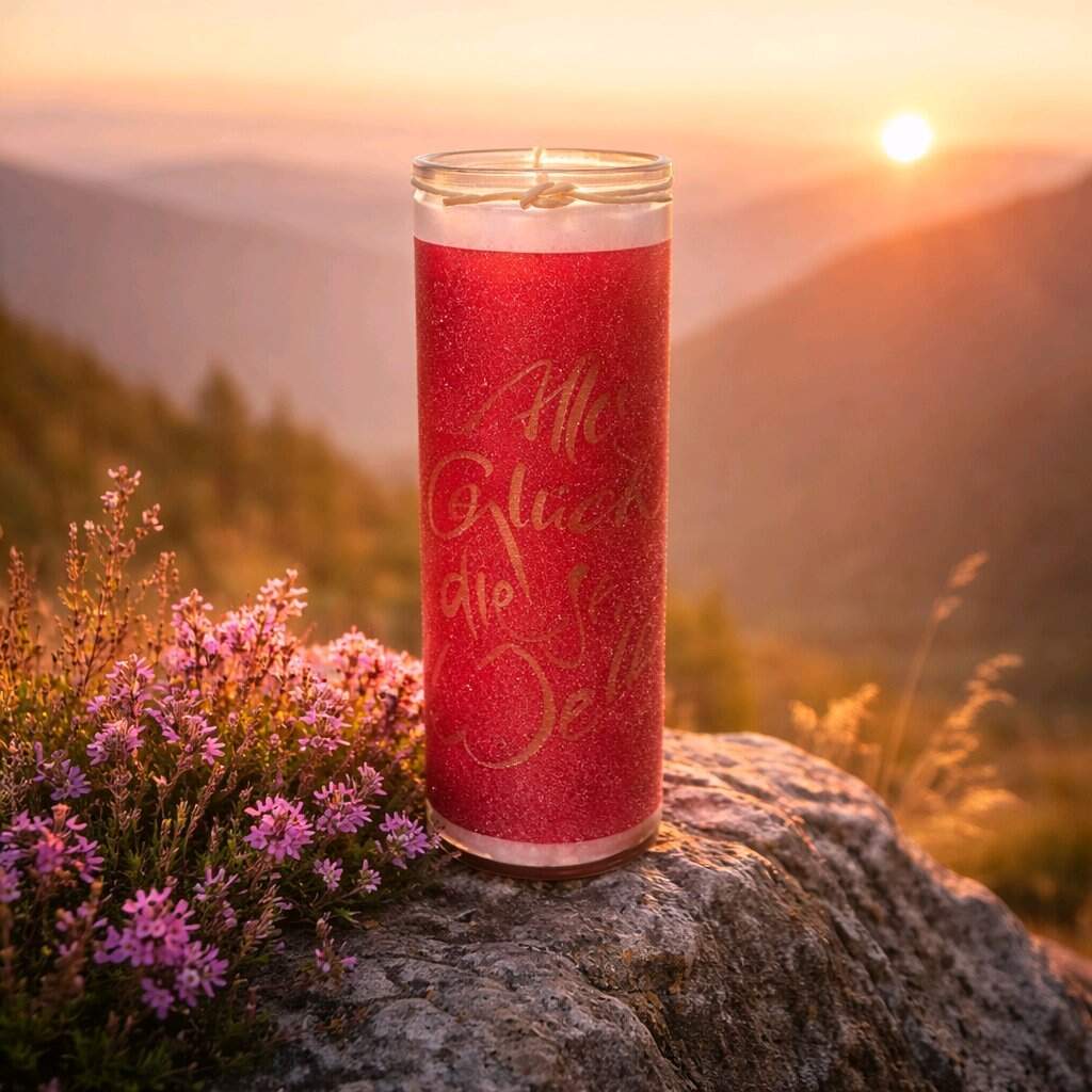 Eine Kerze im Glas steht auf einem Fels. Die Kerze ist mit einer roten Folie beklebt mit der Schrift "Alles Glück dieser Welt". Im Hintergrund geht die Sonne unter über einem weiten Tal. Links von der Kerze blühen Blümchen.