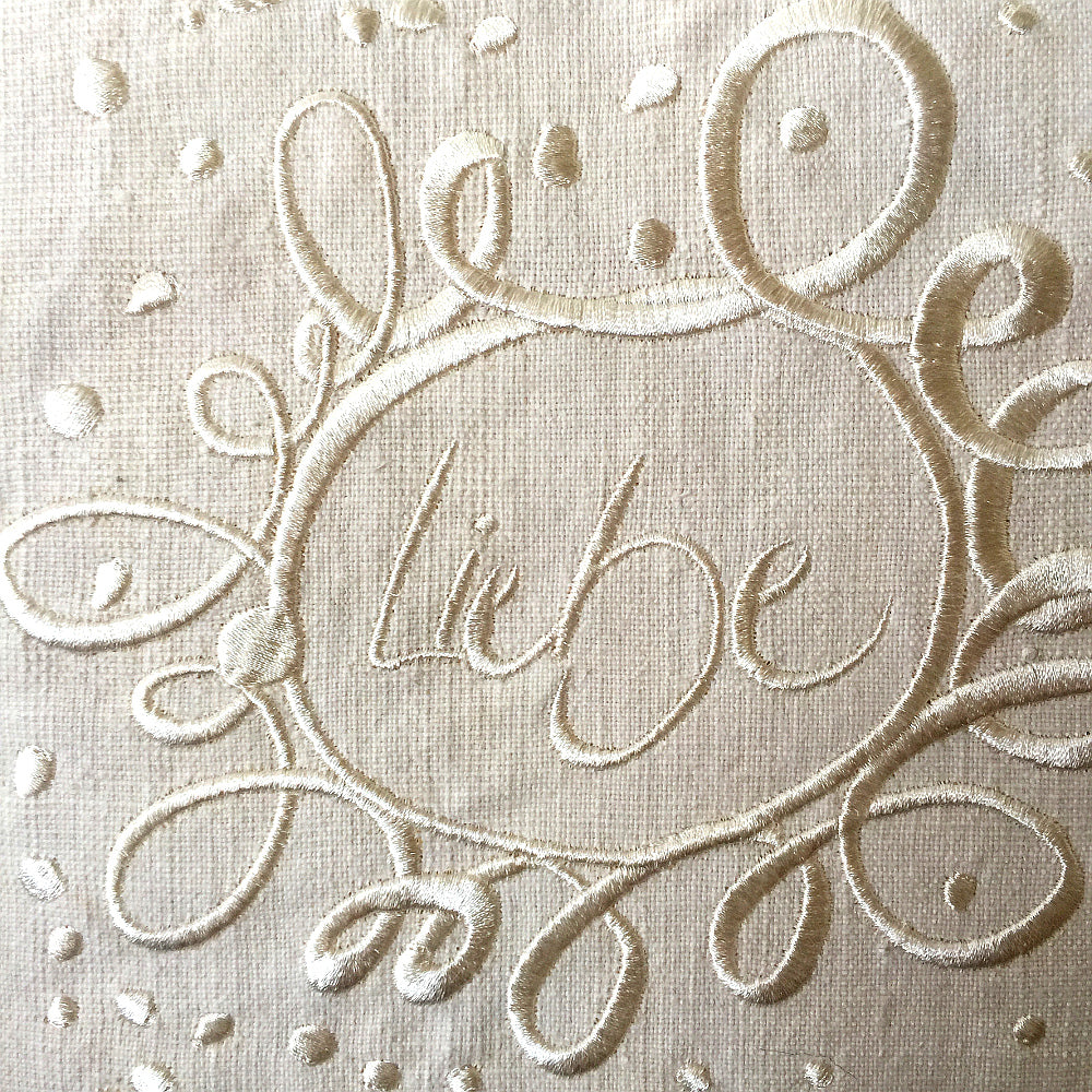 Bauernleinen Zirbenkissen "Liebe Ornament" fein