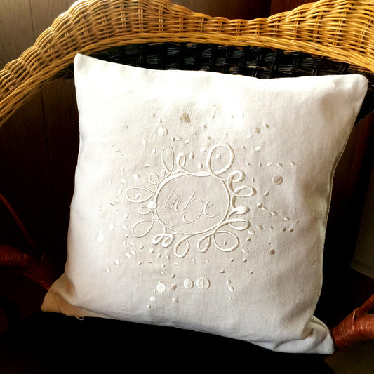Bauernleinen Zirbenkissen "Liebe Ornament" fein