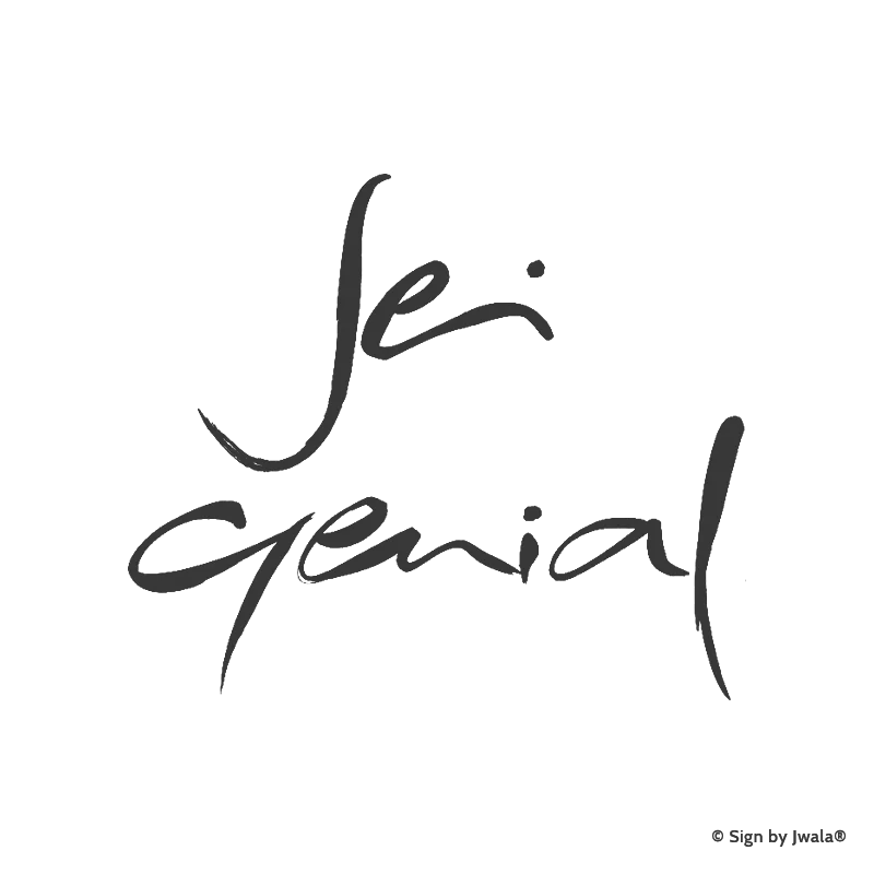 Die Botschaft „Sei genial“ wird auf Kissen, veganen Kerzen, Grußkarten, Impulskarten, Wanddekoration, Taschen, Sitzkissen, Malas mit Halbedelsteinen und Riedel Gläsern aus dem Onlineshop SignShop Tirol angebracht und entfaltet dort ihre spirituelle Wirkung. Mit SignShop Tirol Logo und Copyright von Jwala®.