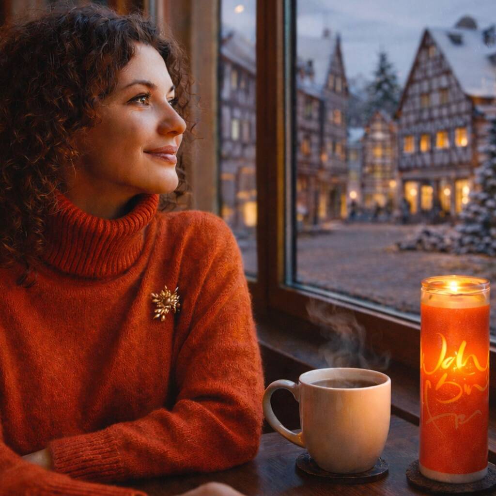 Frau sitzt entspannt am Fenster mit SignKerze „Ich bin frei“ aus dem SignShop Tirol – handgemachte Kerze mit inspirierender Botschaft, spirituelle Dekoration, Kerzenritual für mehr Freiheit und Wohlbefinden, liebevolle Handarbeit, besondere Geschenkidee.